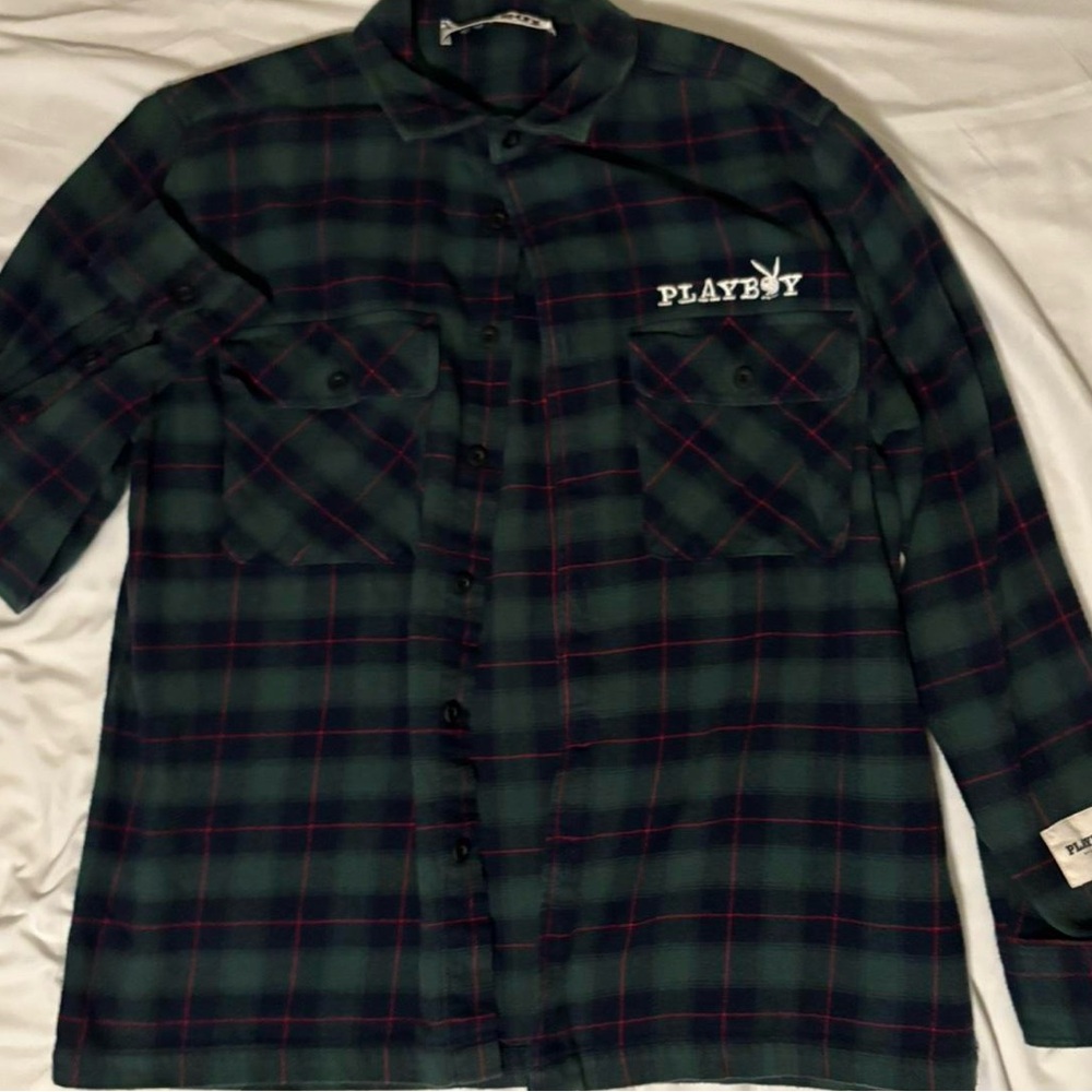 Playboy By Pacsun Flannel Button Up Blue Green Plaid